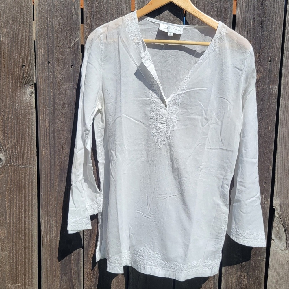 Divine White Cotton Gauze Embroidered Tunic Top Boho Blouse L Coastal Vacation